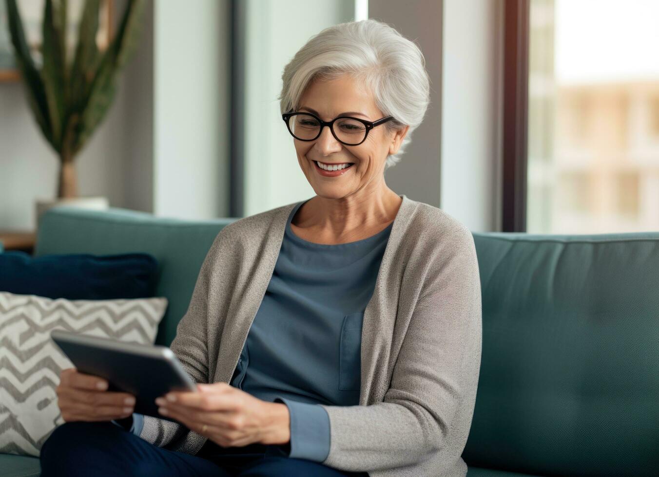 older woman is using tablet computer sitting on couch photo