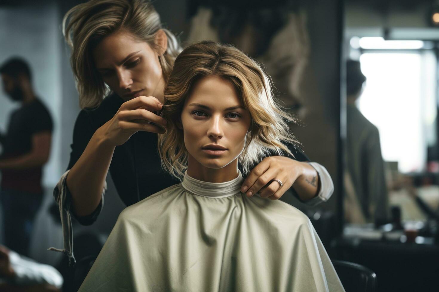 woman getting a haircut in hair salon. photo