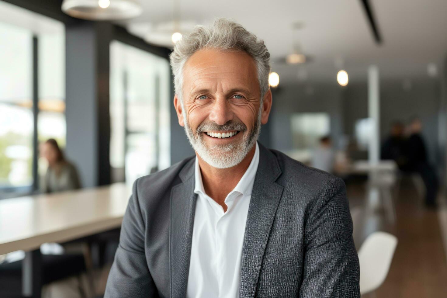 the smile is of a man smiling in front of the office photo