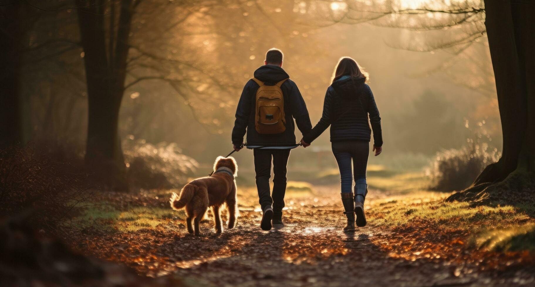 a couple and dog walking in the forest photo