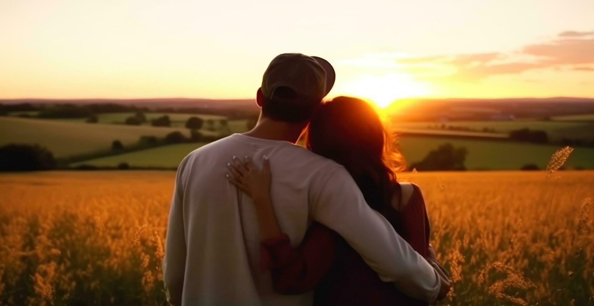 parents embracing at sunset in middle of hill field family. photo