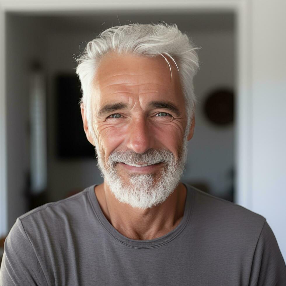 un gris más viejo hombre con blanco pelo y un sonrisa foto