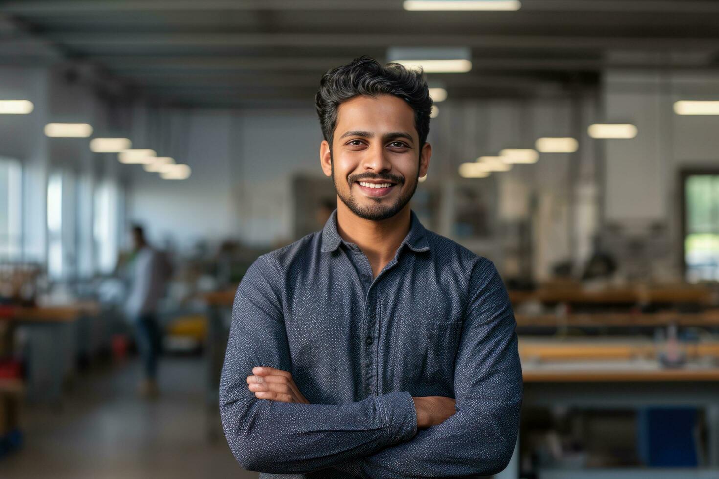 joven hombre sonriente para el cámara en pie en oficina. foto