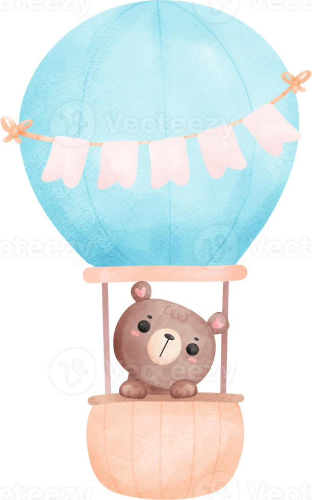Cute baby shower bear, baby in hot balloon watercolor png