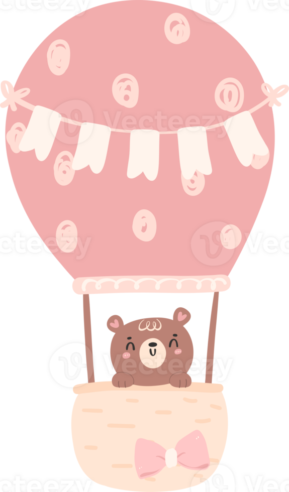 Cute baby shower bear girl in pink hot air balloon png