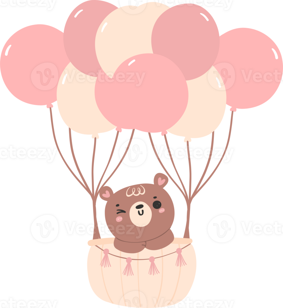 Cute baby shower bear girl in pink hot air balloon png