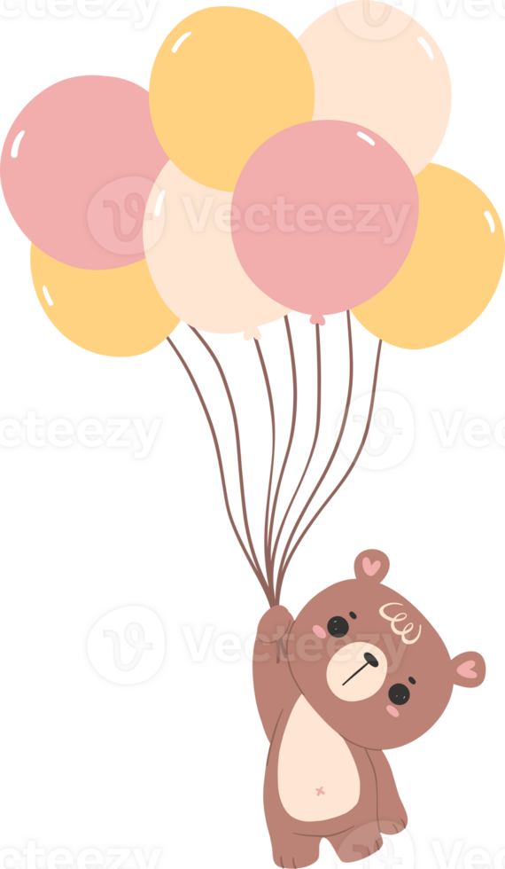 Cute teddy bear with balloons, nursery kid animal flat design illustration png