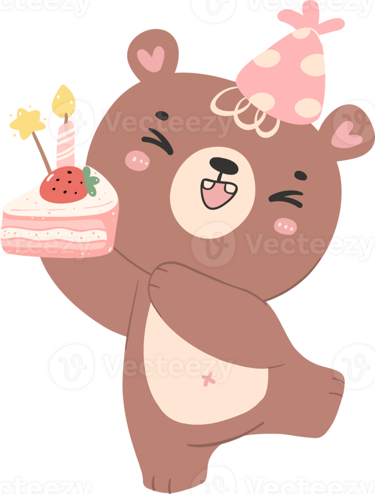 schattig verjaardag beer met taart kinderkamer kind tekenfilm tekening illustratie. png