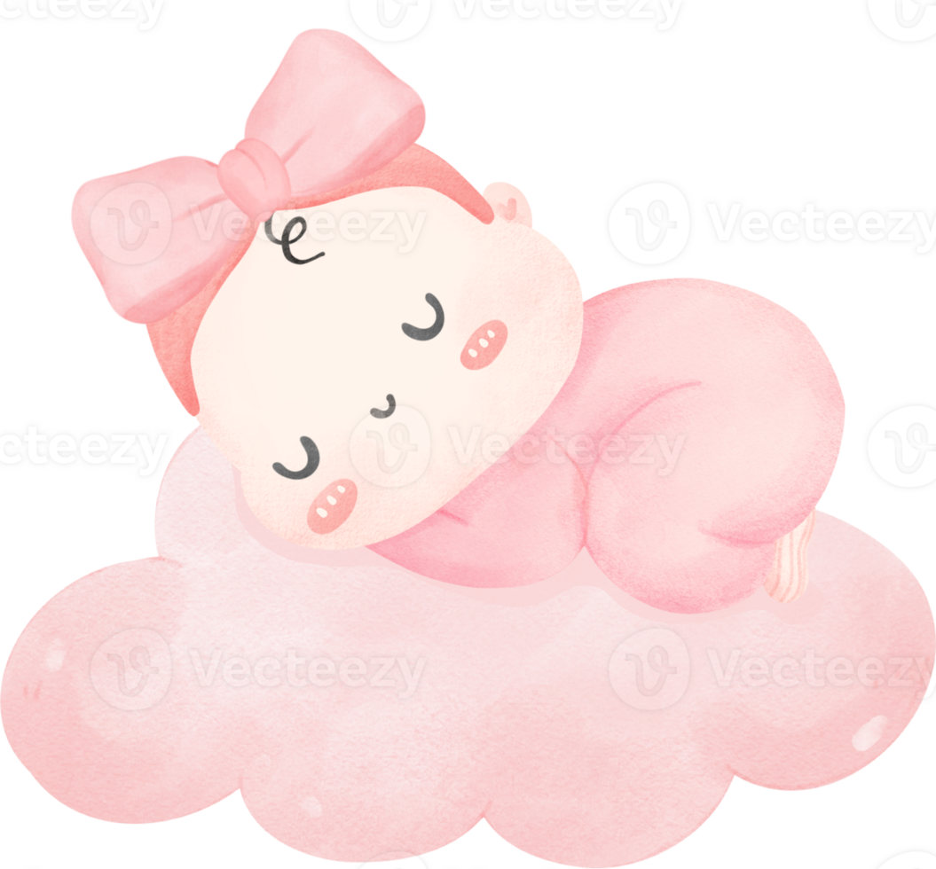 Baby shower girl sleeping on pink cloud watercolor png