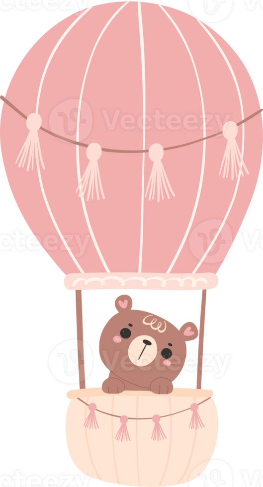 Cute baby shower bear girl in pink hot air balloon png