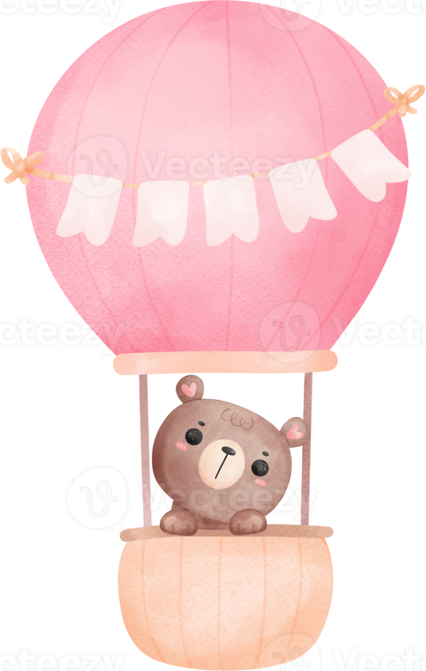Baby shower bear, teddy bear girl in hot balloon png