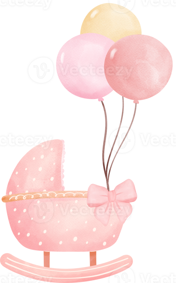 Cute baby shower girl pink pram with balloon png