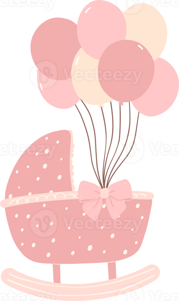 Baby shower girl, cute pink pram with balloons png