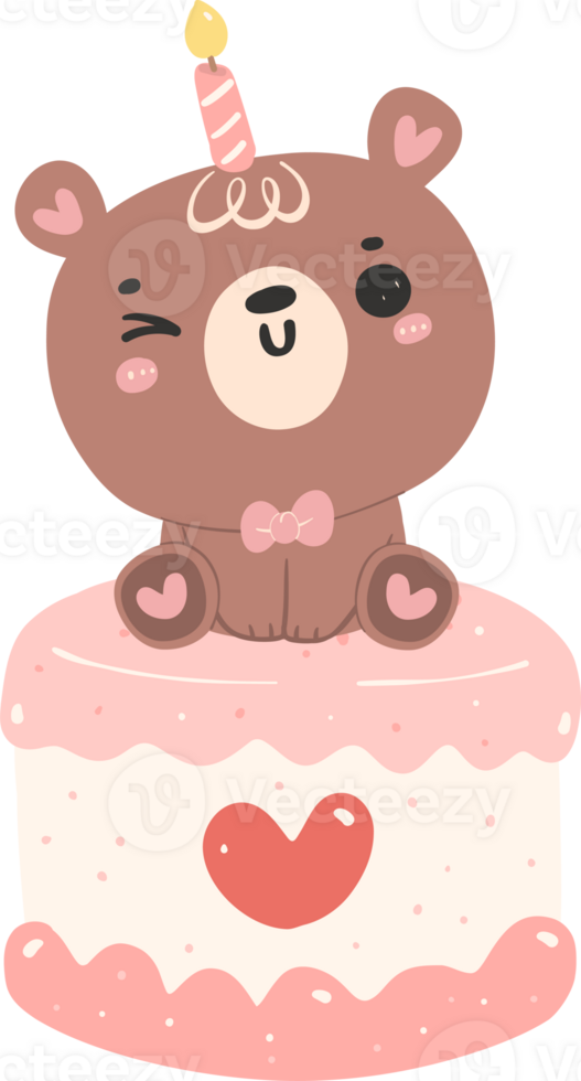 carino compleanno orso con torta asilo ragazzo cartone animato scarabocchio illustrazione. png