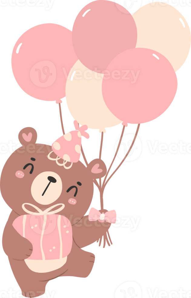 Cute birthday bear with balloons nursery kid cartoon doodle illiustration. png