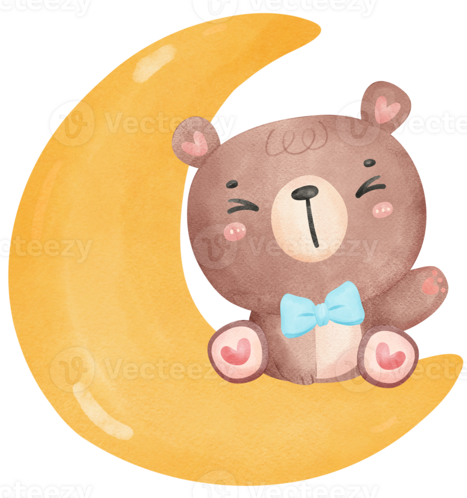 Cute baby shower bear watercolor, teddy on crescent moon png