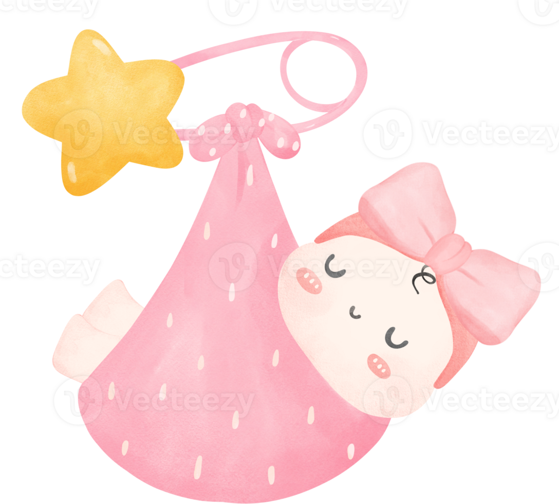 Cute baby girl shower, newborn sleeping watercolor hand painting png