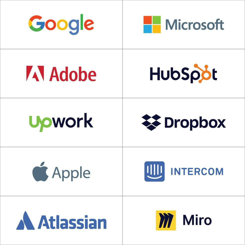 Corporate Logo Set Vector Format, Google, Microsoft, Adobe, Hubspot, Upwork, Dropbox, Apple, Intercom, Atlassian, Miro logos
