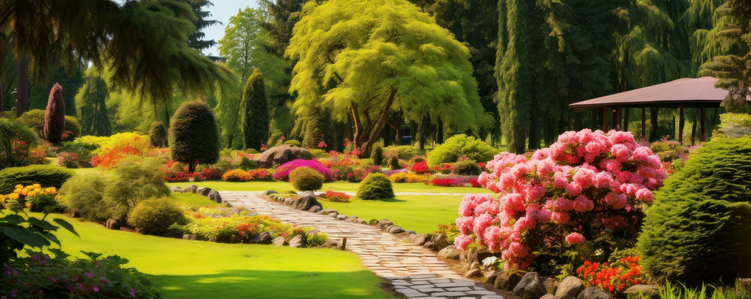 A backyard with lawn and trees and flowers photo