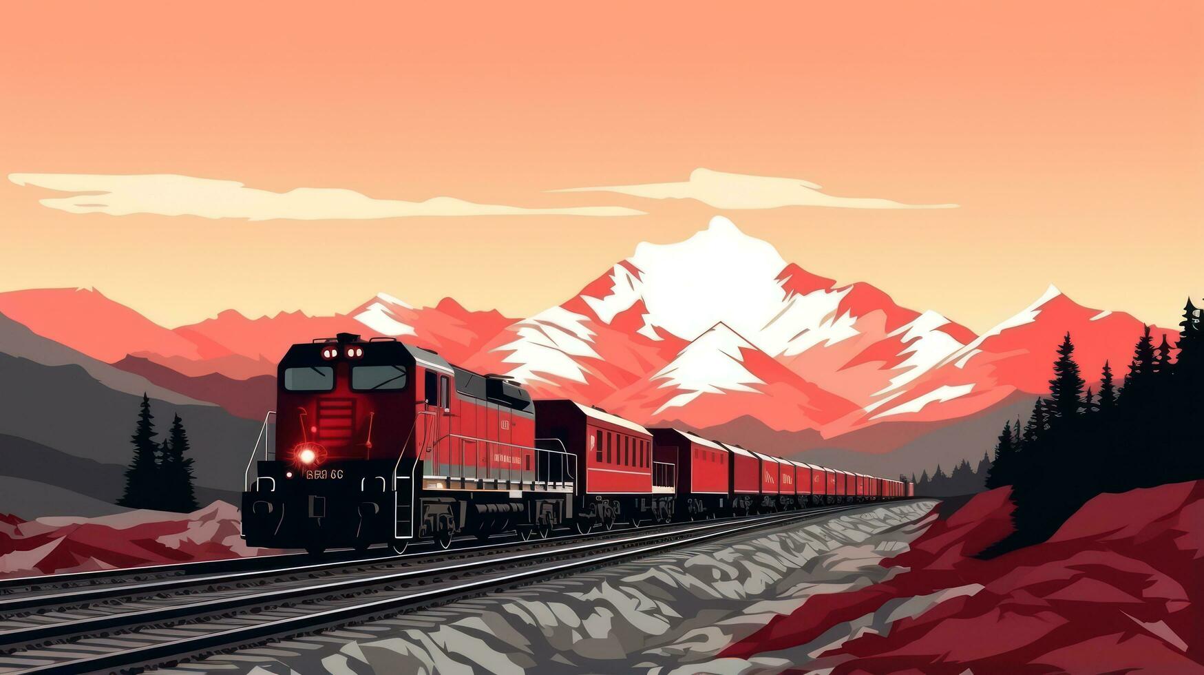 Freight red train on mountain background photo