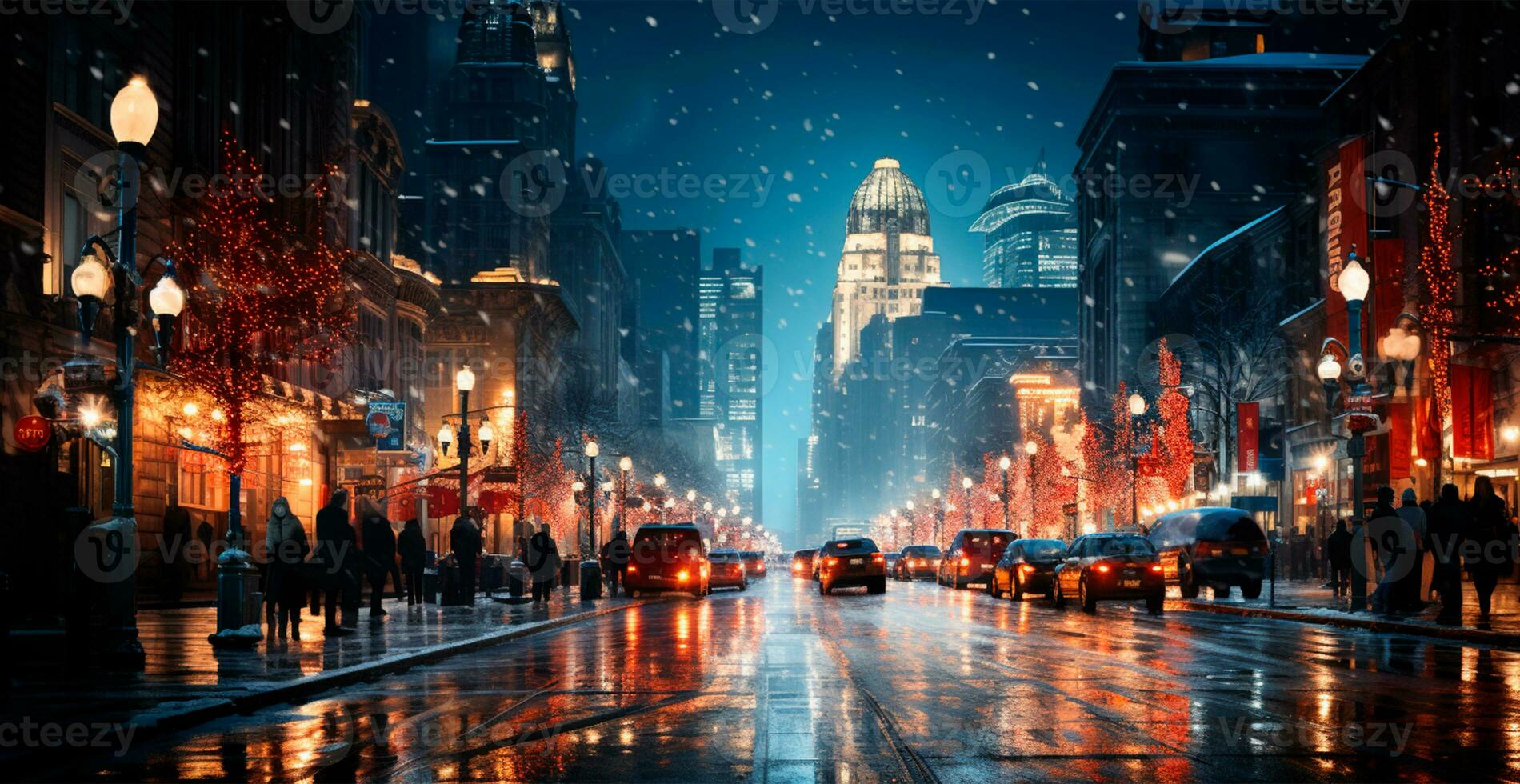 noche Nevado Navidad americano ciudad detroit, nuevo año día festivo, borroso antecedentes - ai generado imagen foto