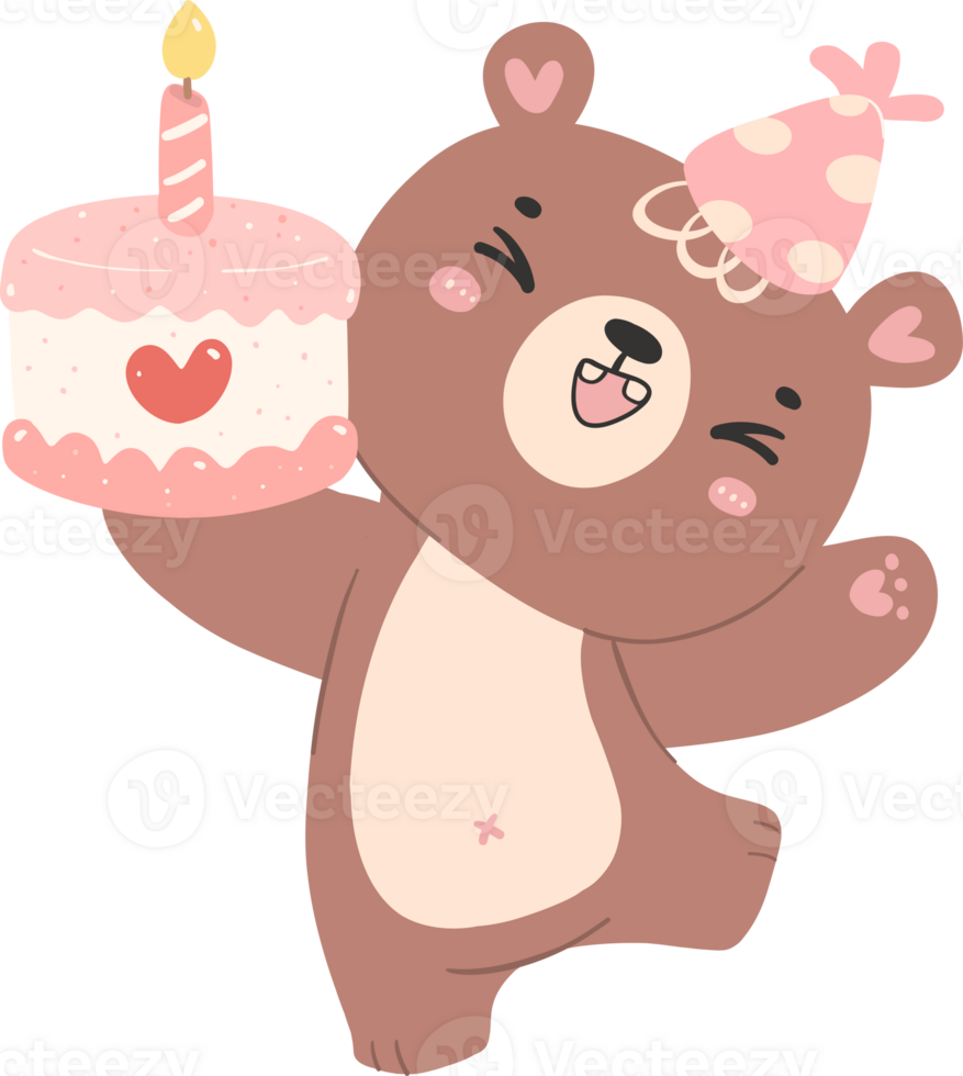 carino compleanno orso con torta asilo ragazzo cartone animato scarabocchio illustrazione. png