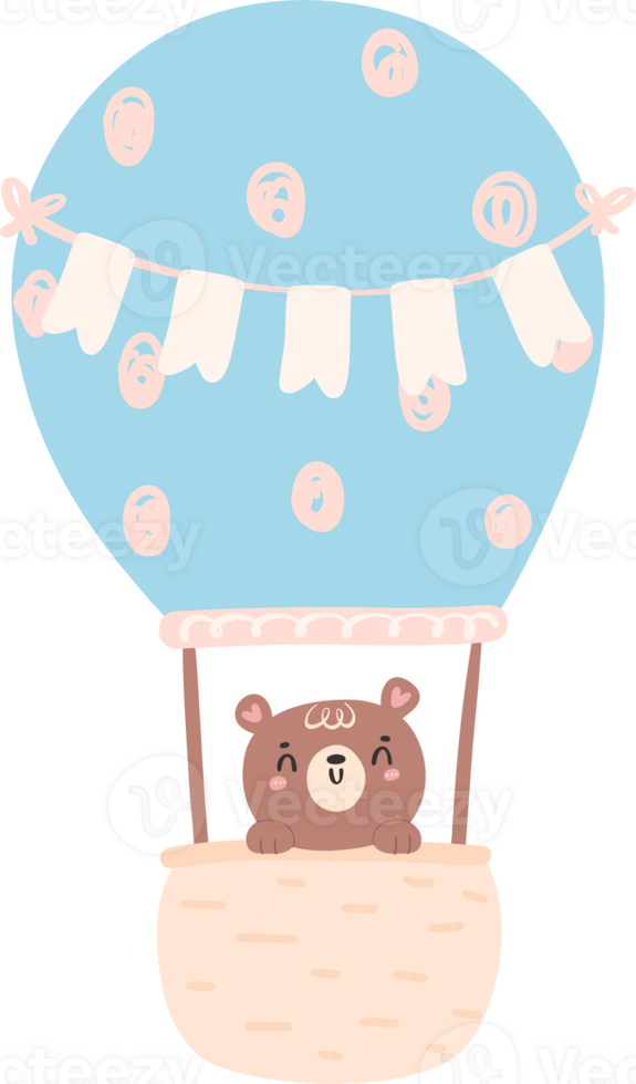 Baby shower bear boy in blue hot air balloon png