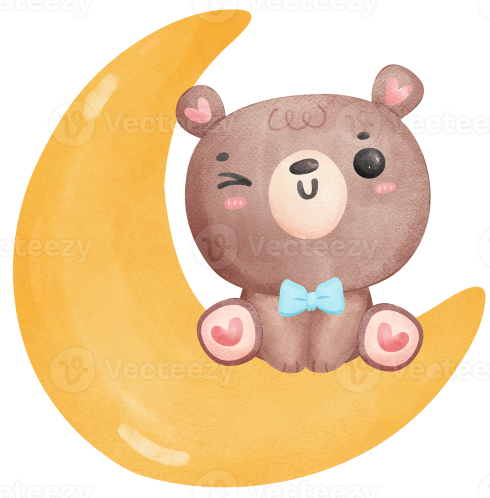 Cute baby shower bear watercolor, teddy on crescent moon png