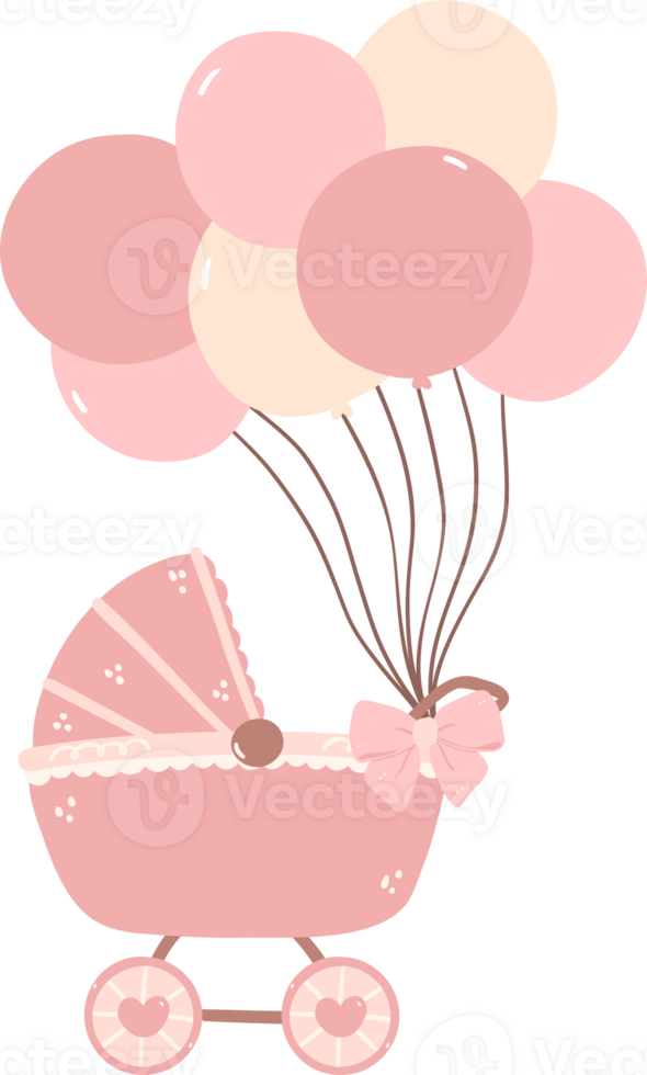 Baby shower girl, cute pink pram with balloons png