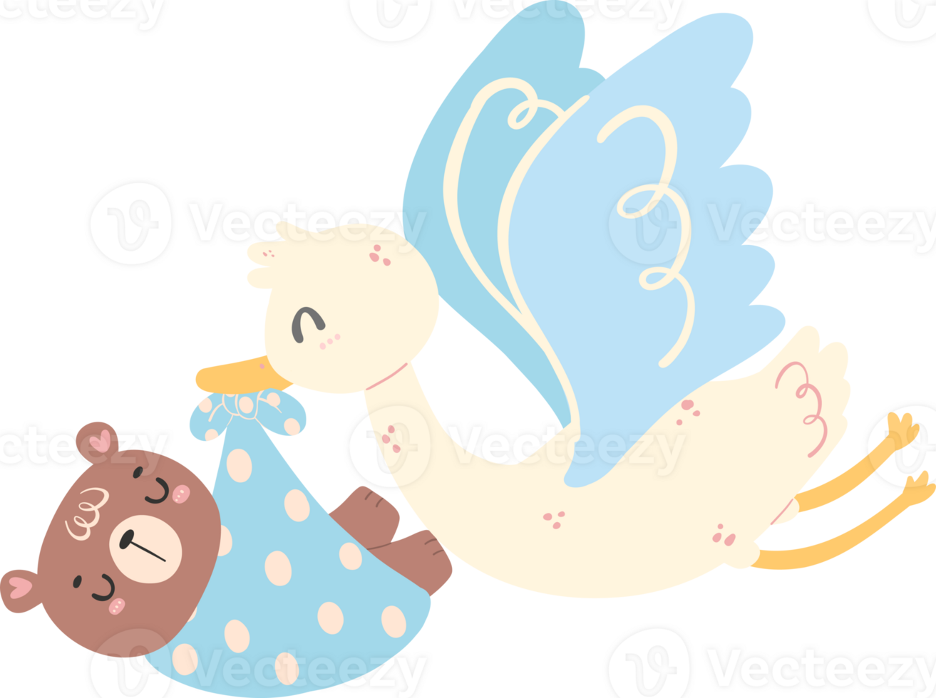 Baby shower bear boy, cute stork bird with baby bear png