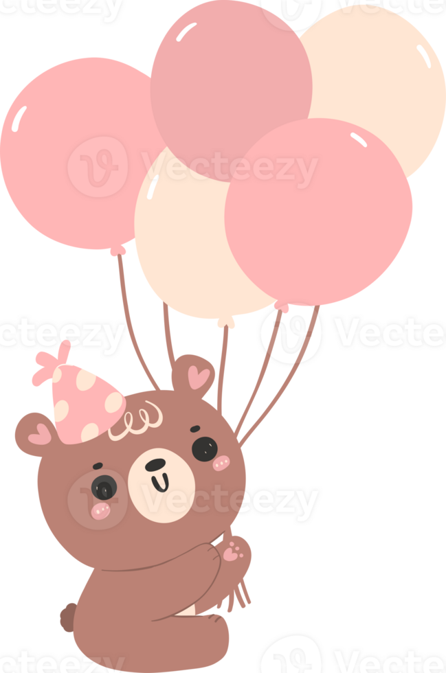 Cute birthday bear with balloons nursery kid cartoon doodle illiustration. png