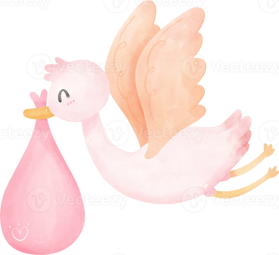 linda bebé ducha chica, cigüeña pájaro con rosado bolso png