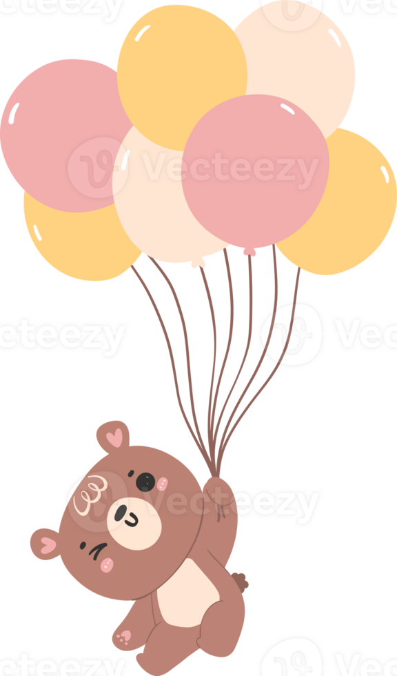 Cute teddy bear with balloons, nursery kid animal flat design illustration png