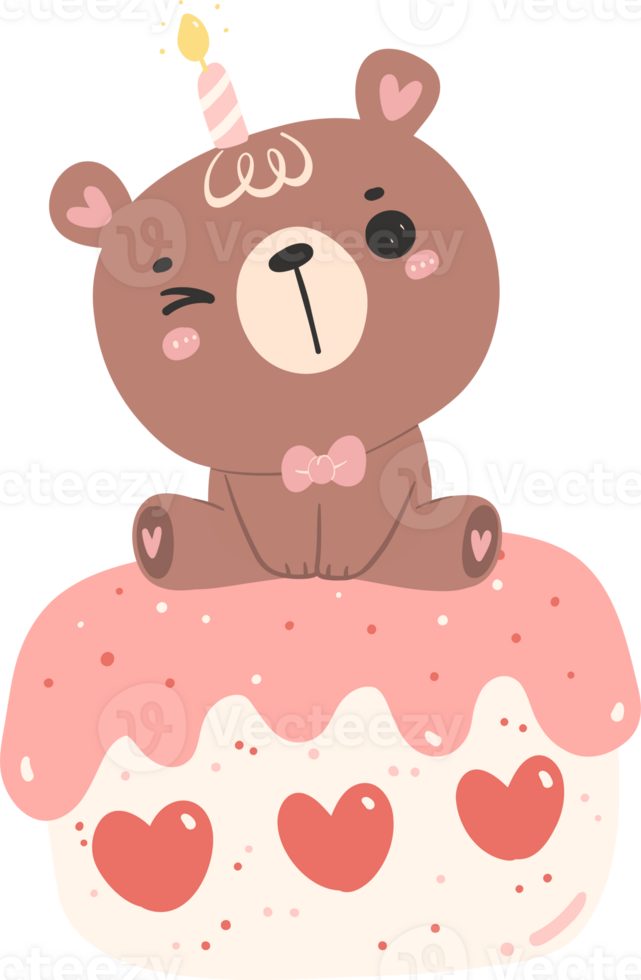 Cute birthday bear with cake nursery kid cartoon doodle illiustration. png