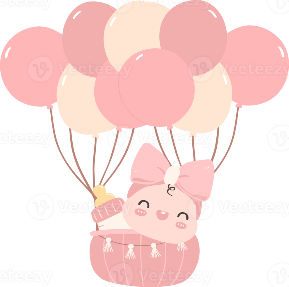 Baby shower girl, newborn baby in pink hot air balloon png