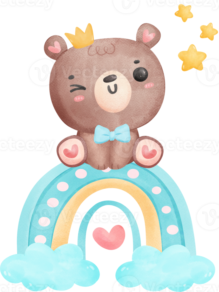 schattig baby douche beer waterverf, teddy Aan regenboog png