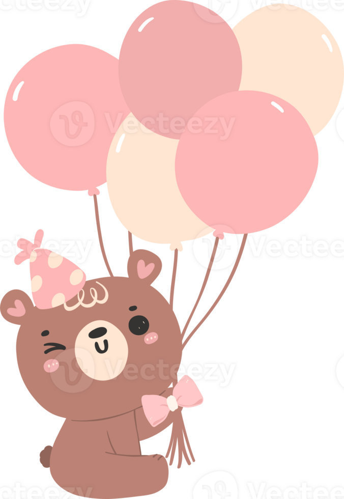 Cute birthday bear with balloons nursery kid cartoon doodle illiustration. png