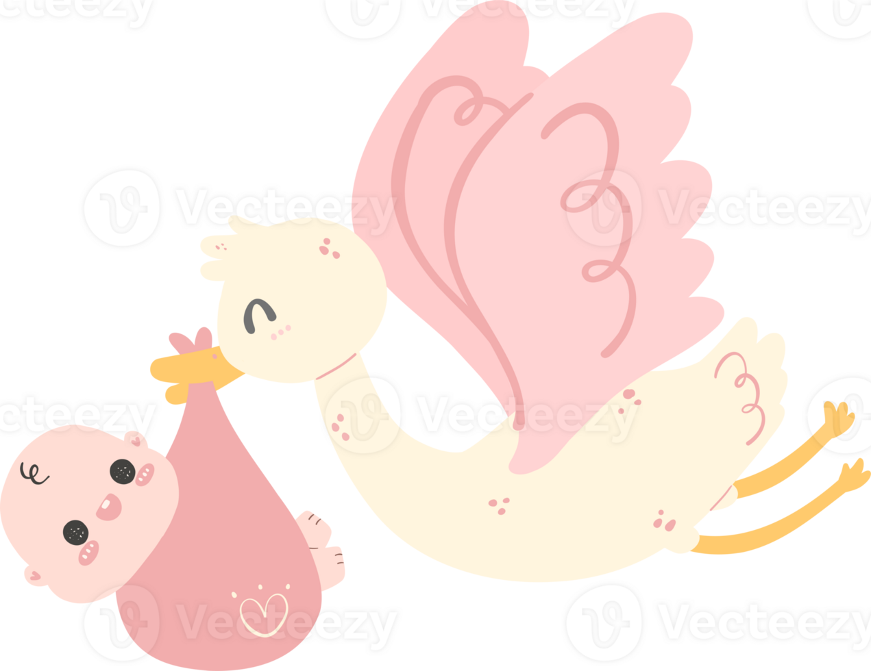 Cute baby shower, stork with baby girl new born cartoon doodle flat design illustration. png