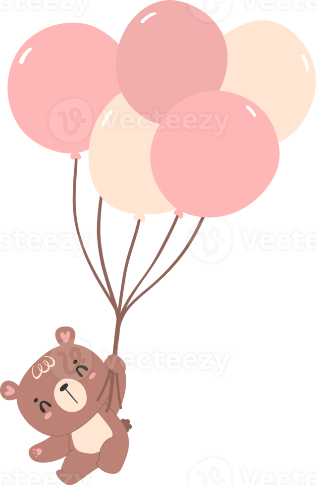 Cute teddy bear with balloons, nursery kid animal flat design illustration png