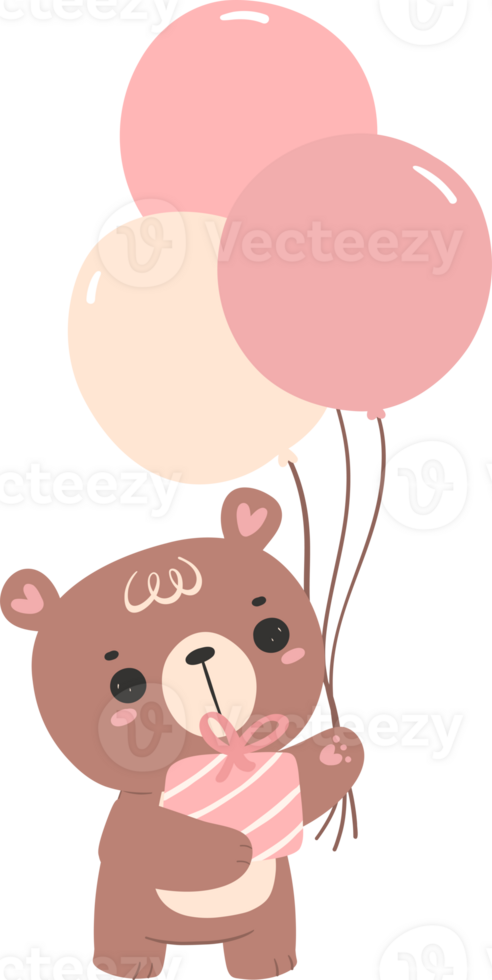 Cute birthday bear with balloons nursery kid cartoon doodle illiustration. png