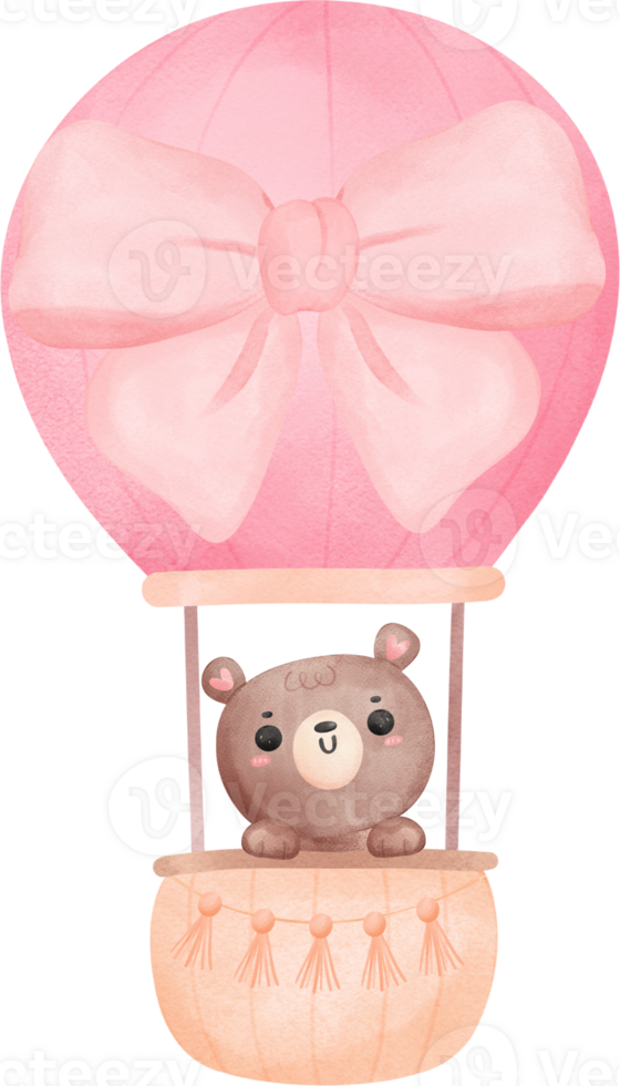 Baby shower bear, teddy bear girl in hot balloon png