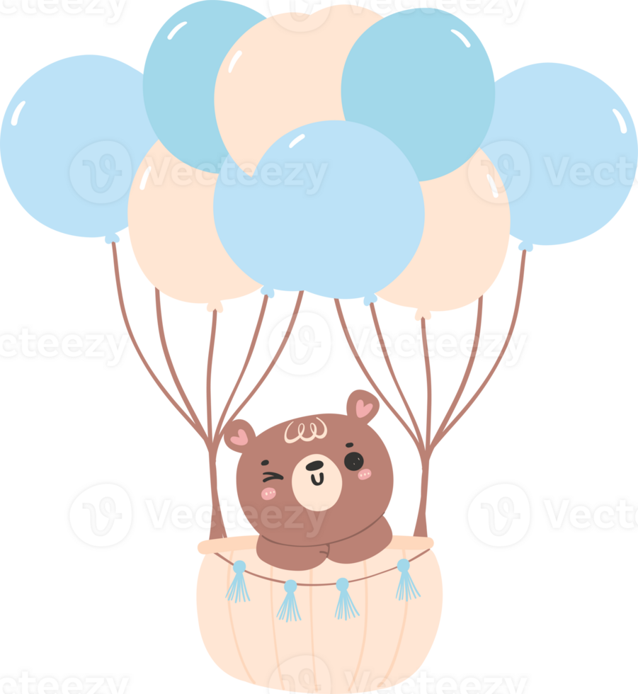 Baby shower bear boy in blue hot air balloon png