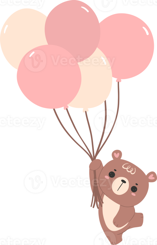 Cute teddy bear with balloons, nursery kid animal flat design illustration png