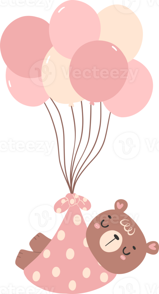 Cute baby shower bear girl with pink balloons png