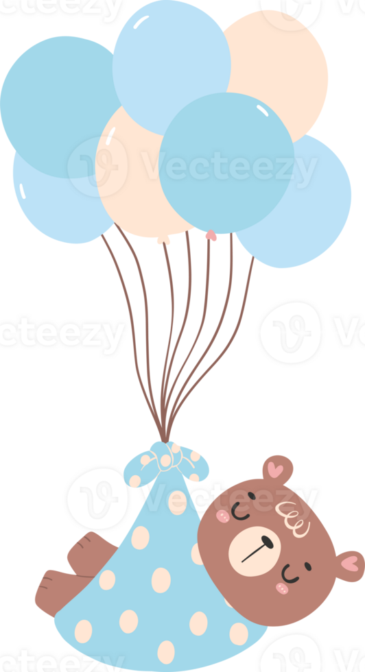 Baby shower bear boy newborn baby in blanket with balloons png