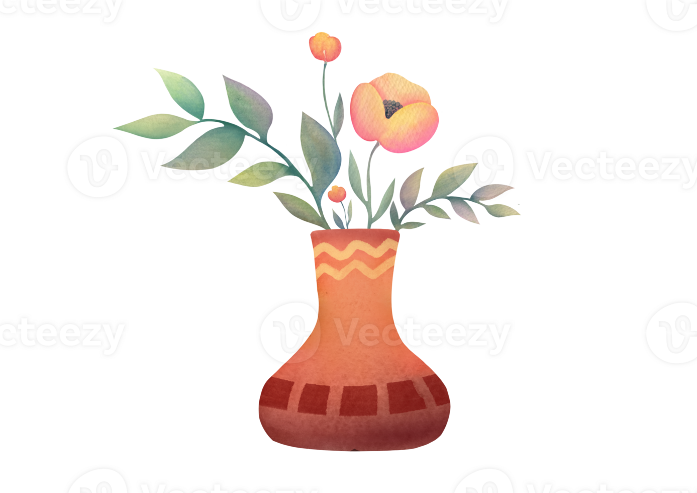 bouquet of roses and green twigs stands in traditional handmade clay vase. watercolor hand drawn illustration isolated on background. clipart and cutout png