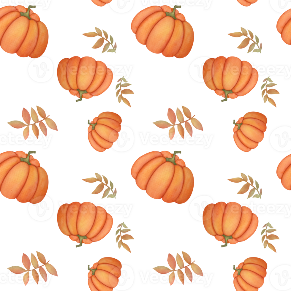 autumn harvest seamless pattern on transparent background. hand drawn Watercolor pumpkins and fall leaves. Thanksgiving and Halloween background. packaging paper design, fabric print, scrapbooking png