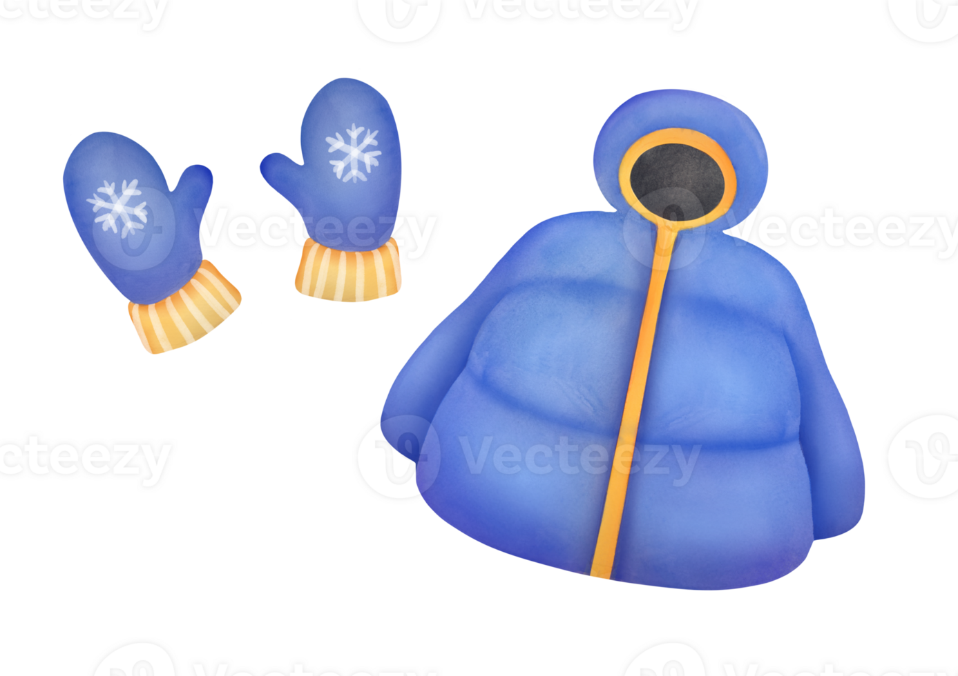 clipart Watercolor blue down jacket with hood, long sleeves, stand-up collar, striped scarf, mittens. single object, front view. hand-drawn illustration isolated on transparent background, cut-out png
