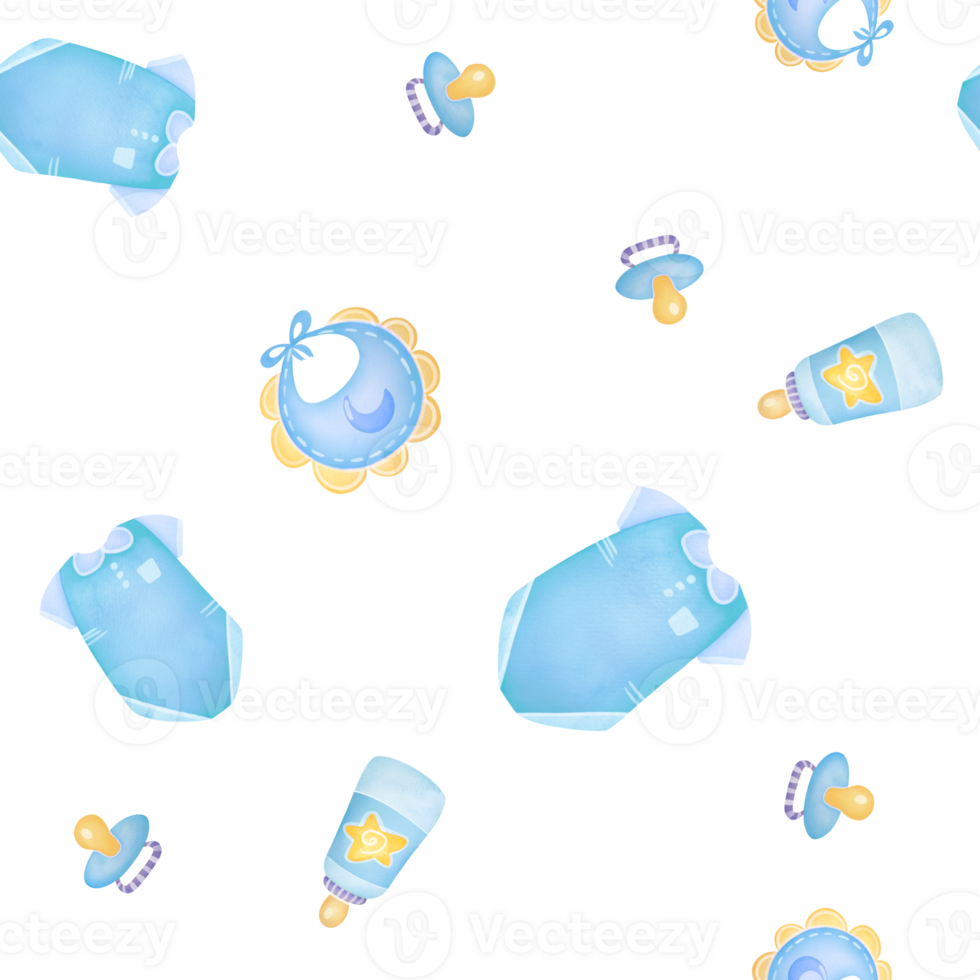 cutout Baby items seamless pattern in watercolor style isolated on white background. clipart Newborn accessory collection. blue baby boy set with pajamas, pacifier, vests, overalls, clothes, bib png