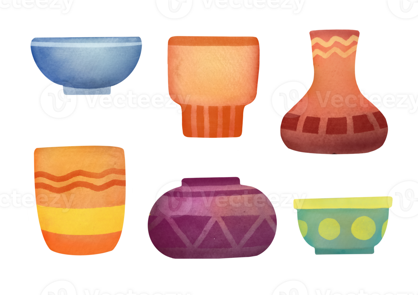 Old pottery set. antique vases, vintage jugs, clay vessels, urns. clipart Crockery designs, ceramic earthenware. cutout watercolor collection isolated on transparent background. front view png